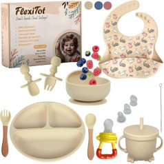 FlexiTot - Non-Slip Silicone Tableware, Baby Cutlery, Plate and Bowl with Suction Cup, Adjustable Bib and Pacifier, Ideal for BLW and Complementary Foods, Beige, from 6 Months