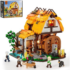 FUNWHOLE Medieval Mill Lighting Stone Set - Movable Mill with Water Wheel and Lighting, 1278 Pieces, Collectible for Medieval Fans