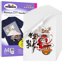 YENNSEY //Premium DTF Transfer Film - A4 (21.1 x 29.7 cm), 30 Sheets, Matte, Clear, PreTreat Sheets - PET Heat Transfer Paper for DYI Direct on T-Shirts Textile