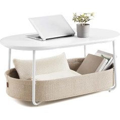 VASAGLE Oval Coffee Table with Storage Space Side Table Living Room Table with Fabric Basket Modern Metal Frame Matt White Camel LCT222W10