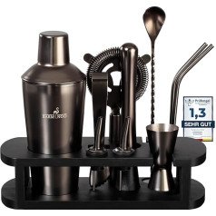 BARMINGO® Stainless Steel Cocktail Set 11 Pieces - 700 ml Cocktail Shaker Set with Stand and Bar Accessories, Cocktail Shaker Set, Bartender Set, Cocktail Mix Set, Bar Set, Gift Set, Black