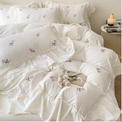 Lanqinglv Bed Linen 220 x 240 cm White Pink Flowers with Ruffles, Romantic Embroidery Bed Linen Sets Microfibre, Oeko-Tex Bed Linen Set, Duvet Cover 200 x 220 cm and 2 Pillowcases 80 x 80 cm with Zip