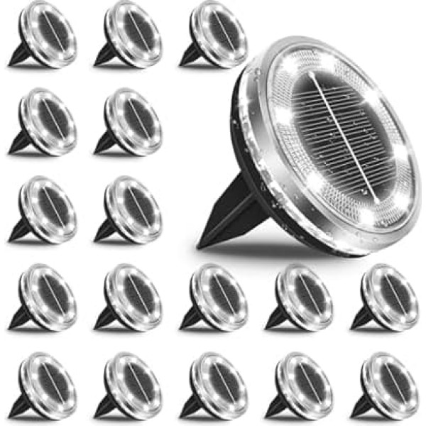 Bowfar Pack of 18 Outdoor Solar Floor Lights, IP65 Waterproof Solar Lights, 12 LEDs, Garden Lighting, Solar with Upgrade Solar Panel, Cool White Solar Lights for Garden, Lawn, Walkway, Patio, Driveway
