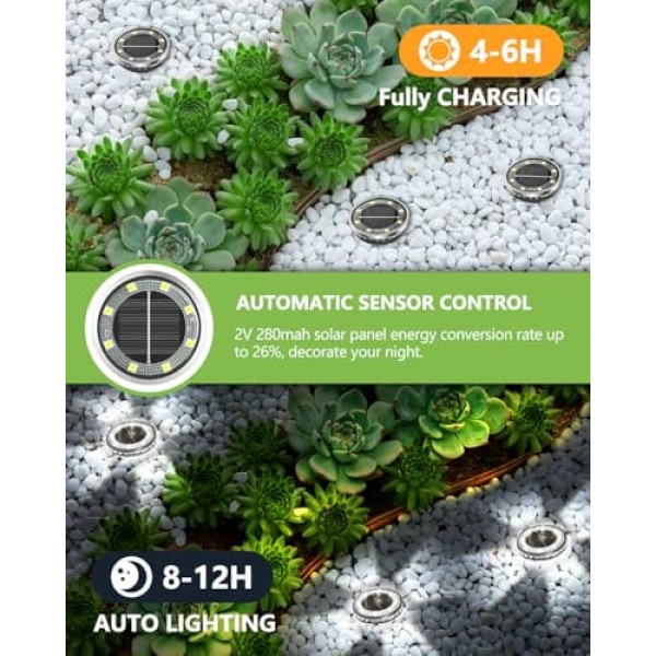 Bowfar Pack of 18 Outdoor Solar Floor Lights, IP65 Waterproof Solar Lights, 12 LEDs, Garden Lighting, Solar with Upgrade Solar Panel, Cool White Solar Lights for Garden, Lawn, Walkway, Patio, Driveway