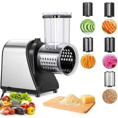 Meykey Electric Vegetable Cutter, 250 W Electric Vegetable Cutter, Stainless Steel, Cheese Grater, Upgraded Large Calibre, Multifunctional, with 5 Blades for Various Vegetables