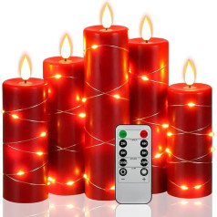 LED Candles, 5 Pack LED String Lights, 360 Degree Viewing Angle, with Star Clear String Lights, with 10 Key Remote Control, 24 Hour Timer Function, Dancing Flame, Real Wax (Red)