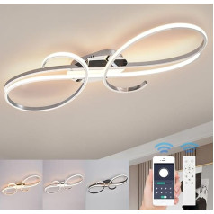 WSXEDC Modern LED Creative Ceiling Light, Dimmable Metal Chrome for Eye Care Ceiling Lamp with Remote Control for Living Room, Bedroom, Dining Room, Hallways, Chrome, 100 cm