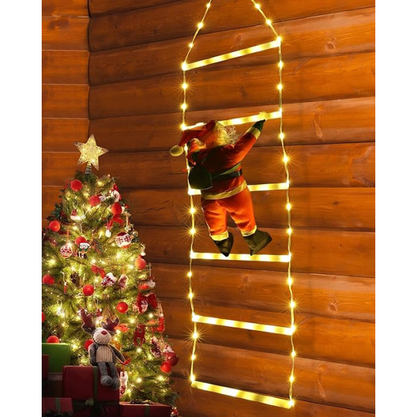 Geemoo LED Santa Claus Ladder Fairy Lights - 0.75 m LED Christmas Lighting Power Operated with Timer, Memory Function, 8 Modes for Indoor Outdoor Christmas Tree Window Christmas Decoration (Warm