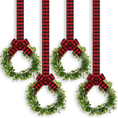 LATERN Pack of 4 Christmas Kitchen Cabinet Wreaths, 22 cm Artificial Boxwood Wreaths, Artificial Wreaths Made of Green Leaves with Ribbon for Christmas, Cabinet, Wall, Window, Front Door Decorations