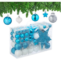 Relaxdays Christmas Baubles Set of 101, Plastic, Christmas Tree Decoration with Baubles and Lace, Christmas Tree Decoration, Petrol/White