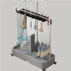 Commercial Mop and Broom Holder with Wheels Cleaning Supplies Garden Garage Storage (Blue, 62cm)