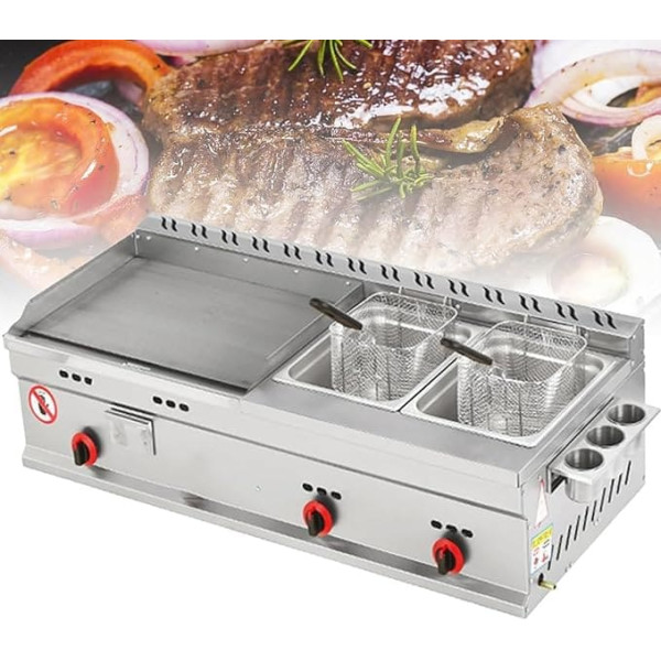 Commercial Worktop Grill Plate, Restaurant Gas Fryer, Stainless Steel Teppanyaki with Adjustable Temperature, Kitchen LPG Gas Grill for Outdoor Camping Parties
