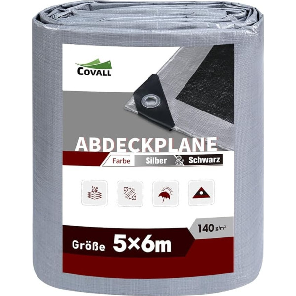 Covall Tarpaulin with Eyelets Waterproof Fabric Tarp Tarp Heavy Duty 5 x 6 m Protective Tarpaulin Cover Construction Tarpaulin Ground Sheet 140 g/m² Silver/Black Roof Pool Car Truck Camping Tent