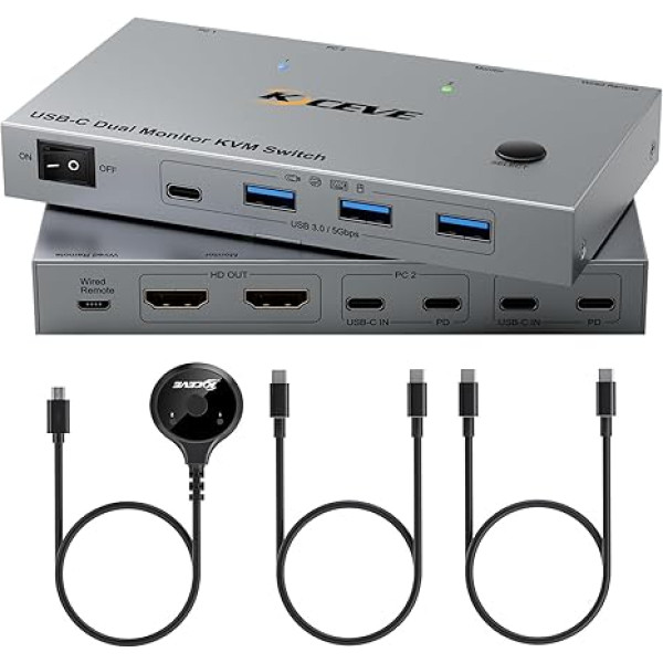 YOUTINGHDAV KVM Switch 2 PC 2 Monitors USB C, USB 3.0 KVM Switch Dual Monitor HDMI 4K@60Hz for 2 Laptops, MST, 80W PD, with 2 USB-C Cables and Wired Remote Control