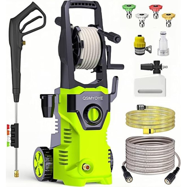 QSMYOYE Pressure Washer, 2200W 150Bar Working Pressure, Flow Rate 540L/H Mobile Pressure Washer with Adjustable Nozzle, for Cars, Fences, Patios | Includes 10 m Hose