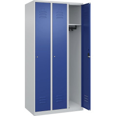 C + P Möbelsysteme C+P | Spind Classic Plus | 3 Abteile | lichtgrau/enzianblau | B 900 mm | mit Bodengleitern | Zylinderschloss