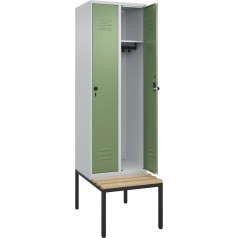 C + P Möbelsysteme C+P | Spind Classic Plus Sitzbank | 2 Abteile | lichtgrau/resedagrün | B 600 mm | Sicherheits-Drehriegel | untergebaut | Buche-Hartholz