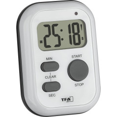 TFA Dostmann 38.2053.02 Digital Timer with Stopwatch, Alarm Sound (Loud)/Vibration/Flashing Light, Kitchen Timer, Egg Timer, for Sports or Examinations or Deaf, On/Off Switch, White