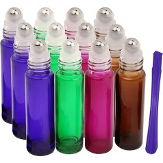 12Pcs, 10ml Glass Roller Bottles with Stainless Steel Roller Ball - Refillable Essential Oil Roll on Bottles with Lid Opener Pry Tool, Great for Aromatherapy, Perfumes and Lip Balms by JamHooDirect