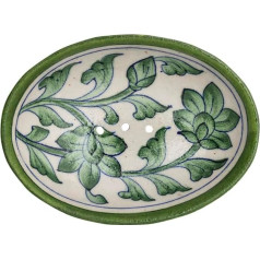 Tranquillo Blue Pottery Stoneware Oval Soap Dish with Floral Green Print with Holes for Drainage 13 x 10 x 4 cm