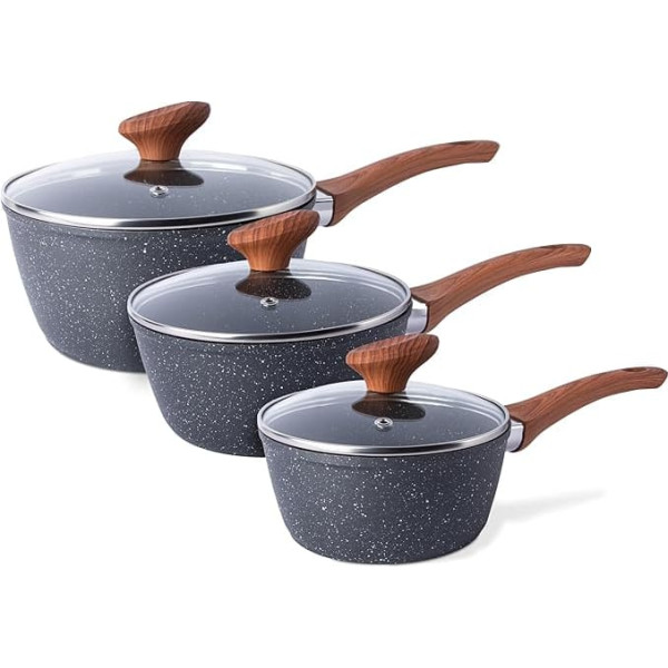 nuovva Non-Stick Saucepan Set - Induction Pot with Lid - 3 Piece Marble Sauce Pot - 16cm, 18cm, 20cm Pot Set