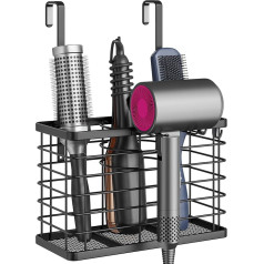 Hair Dryer Holder No Drilling - Hair Tools Organizer for Cabinet Door - 3 in 1 Wall Organiser Bathroom Mounted for Hair Dryer, Straightener, Curling Iron, Black