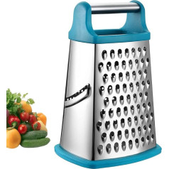 4-sided grater, stainless steel, kitchen grater for coarse and fine grating, for fruit, vegetables, carrots, cheese, dishwasher safe, light blue