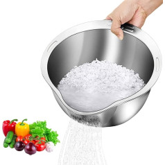Rice Washing Bowl, 3 in 1 Stainless Steel Rice Cleaner, Built-in Rice Strainer for Kitchen, Multipurpose Strainer with Fine Mesh for Washing Rice and Vegetables, Silver, Pack of 2