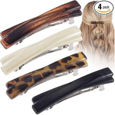 STSTR French Hair Clips for Women 2.5 Inch Small Tortoise Shell Barrette Curved Shiny Thin Flat Hair Accessories for Women Black White Leopard Amber 4 Pack