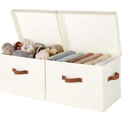 StorageWorks Fabric Storage Box with Lid, Large Storage Box with Lid, Fabric Boxes Storage with Handles, Foldable Storage Boxes for Clothes, Ivory White, Pack of 2