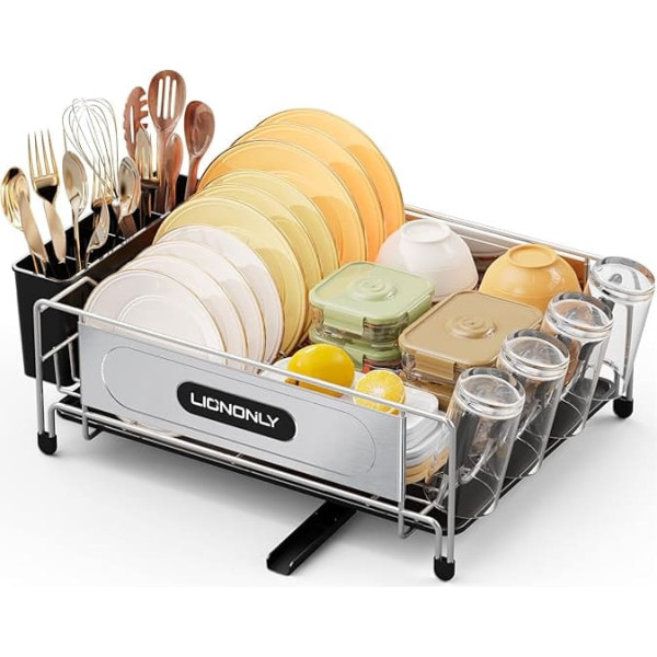 LIONONLY Dish Drainer Premium 304 Stainless Steel Dish Drainer Stainless Steel with Draining Board and Rotating Spout, Dish Drainer for Space-Saving (Black)