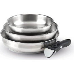 Qdesign - 4-piece induction cookware - 3-piece stainless steel pan set (20, 24 and 26 cm) with 1 removable handle - stainless steel - fireproof - PFOA-free - silver