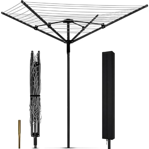 Heavy Duty Outdoor Umbrella Clothes Airer, 12 Lines with 4.5m Drying Room, Steel Frame and Adjustable Height, 4 Arm Umbrella Clothes Line for Laundry, Foldable