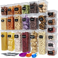 WELLGRO Storage Jars Set with Labels, Chalk Pen and Measuring Spoons, Food Storage Containers with Lid, BPA-Free, Airtight, Leak-Proof, Dishwasher Safe, Quantity: 24 Pieces