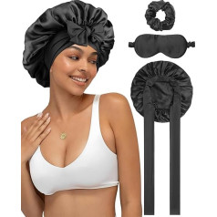 WELROG Double Layer 19 Momme Silk Sleep Cap with Silk Hair Bands and Adjustable Sleep Mask - Perfect for Relaxation and Hair Care