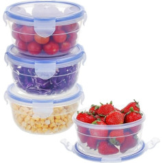EASYLOCK Set of 4 Bowls, 0.6 L, Plastic Food Storage Containers with Lid, Round, BPA-Free, Freezer Containers, Small, Stackable, Airtight, Dishwasher, Microwave and Freezer Safe (Blue)