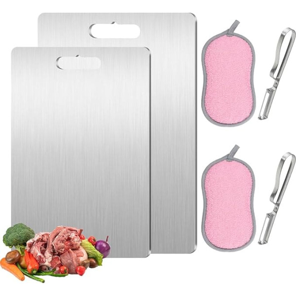 Titanium Chopping Boards for Kitchens, 2 Pack Titanium Chopping Board with Kitchen Sponge and Peeler, Multifunctional Stainless Steel Chopping Board, Double Sided Food Safe, Yamato Cutting Board
