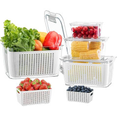 Luxear Set of 4 Food Storage Containers Fruit Vegetables with Lid Strainer, 5.8 L + 4 L + 1.7 L + 0.5 L BPA Free Storage Containers, Fridge Organiser, Food Storage Boxes, Salad, Berries, Storage, Not