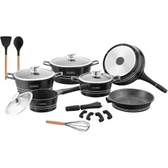 Royalty Professional Non-Stick Cast Aluminium Cookware Set, Lava Stone, Induction and Gas Lid, Glass Lid, Includes Tools RL-ES1014M (Black)