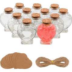 BELLE VOUS Pack of 12 Heart-Shaped Small Bottles for Filling - 150 ml Clear Glasses with Corks, Heart Labels & String - Magic Potion Bottles for Wedding Party, DIY Decoration & Wish Messages