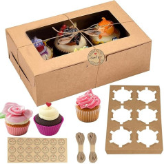 Gbateri Cupcake Boxes, 6 Holes with Window and Inserts, Bakery Boxes, Cupcake Carrier, Kraft Paper, Cupcake Boxes, Cookie Boxes, Gift Boxes for Dessert, Muffins, Cakes, Party Favors (Brown)