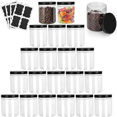 Aramanara 20 Pack Plastic Storage Jars with Lids 500ml Clear Round Empty Refillable Leakproof with Labels for Spices, Food, Craft, Liquid, Grains