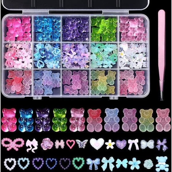 CESUSME 3D-Nageldesign-Set mit Cartoon-Bär, Acrylmischung, Blume, Schmetterling, Herz-Perlen, Nagelperlen, bunte Kunst-Charms, süße Bären, niedliche Nagelverzierungen