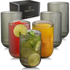 TKNO Set of 6 Tall Ribbed Highball Glasses for Water, Gin, Juice, Cocktail, Tumblers, Origami Style, Fluted Glasses, Ideal for Home, Restaurant, Events and Parties