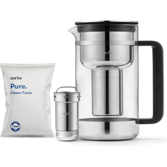 Aarke Purifier Groß, Wasserfilterkaraffe aus Glas und Edelstahl, 2.8L, + Aarke Pure Filter Nachfüllbeutel