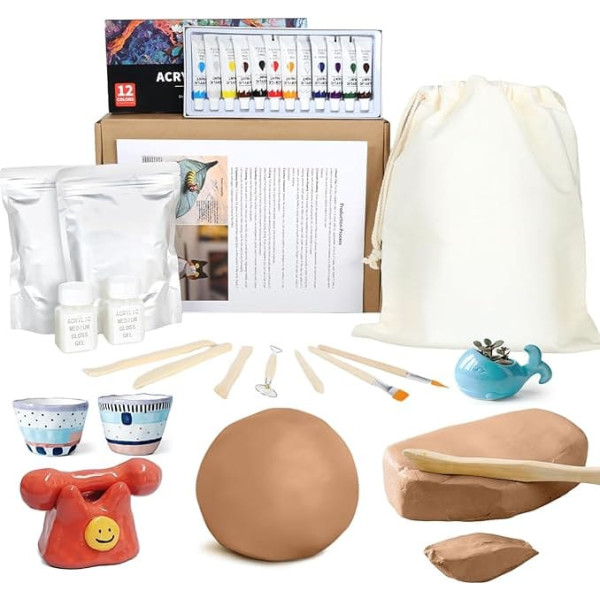 Craft Pottery Set Craft Set Adult White Ceramic Painting Set with Clay Air Drying Tools, Paints, Brushes and Instructions, Creative Set for Children, Gift Ideas, Gift for Girls Boys