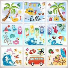 wondever Window Sticker Summer Beach Palm Tree Window Sticker Sea Wave Drinks Fruits Window Stickers Anti-Collision Double-Sided Glass Sticker Summer Glass Decoration