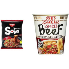 Nissin Soba Bag - Chili, 9 Pack, Wok Style Instant Noodles Japanese Style & Cup Noodles - 5 Spices Beef, Single Pack, Soup Style Instant Japanese Noodles