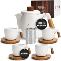 MIAMIO - 1 Litre Ceramic Teapot Set with Strainer Insert and Cups/Tea Strainer, 4 Ceramic Tea Cups (300ml), Bamboo Coaster/Handle for Home and Office (White)