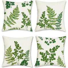Bonhause Set of 4 Cushion Covers Leaves Fern 45 x 45 cm Green Polyester Linen Decorative Cushion Covers for Sofa Bedroom Living Room Car Home Decoration